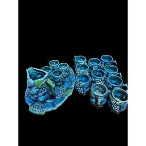 VTG Inarco Mood Indigo Pottery 16 pc set Pitcher and Mugs Cups Blue NWT Rare MCM